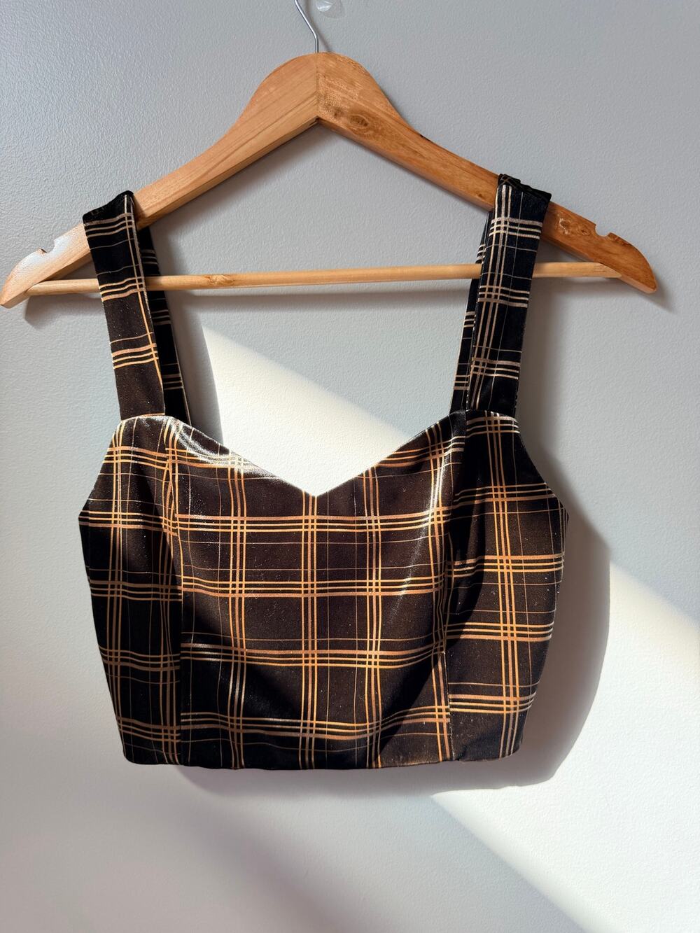 Wild Honey Velvet Plaid Brown Gold Crop Top Smocked Cami Size Small